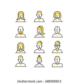 People avatar line style icons set in yellow and black colors on white background - different male and female user icons in vector.