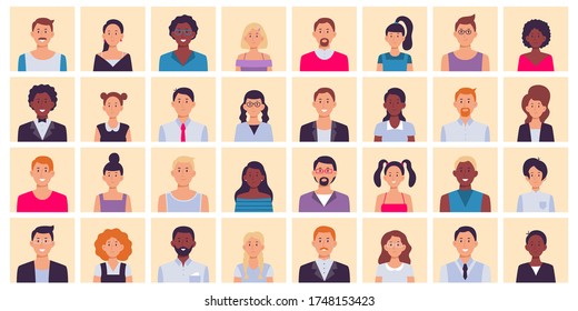 People avatar. Multiethnic people square portraits set. Multiethnic people character, diverse face person, female and male avatar, vector illustration