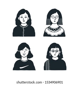 people avatar pack. collection of various women faces. self potrait. isolated on white background. hand drawn line art cartoon vector illustration.