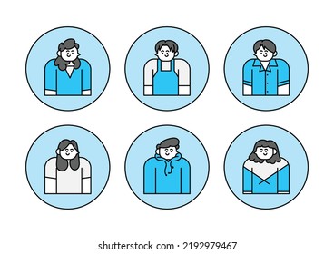 Avatar de personas con iluminación de caracteres dibujados a mano con marco redondo