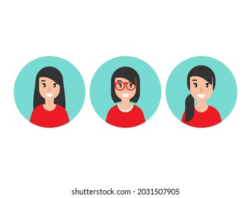 people avatar set. cute happy girl faces in blue circles isolated on white. person character, user, operator, profile. consulting, job online, internet. Call center. help line.