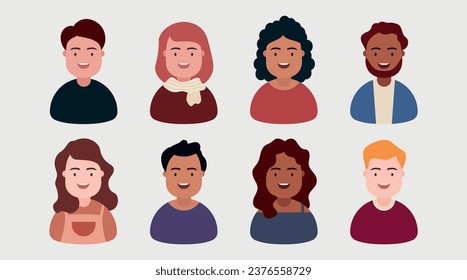 People avatar set of different people. Face portraits characters. Flat vector.	