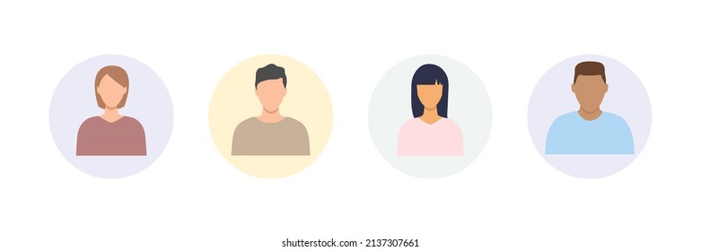 El avatar de la gente se pone. Icono de hombres y mujeres de negocios en forma redonda. Ilustración vectorial de cabezas humanas aislada en blanco.