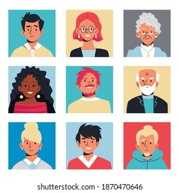 El avatar de la gente se pone. Grupo de hombres y mujeres jóvenes y ancianos. Ilustración vectorial en estilo plano