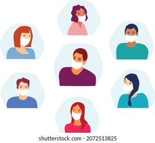 People avatar set.  Laughing Boys and girls. Boys and girls wearing the medical face masks. Students. Vector illustration. Flat style