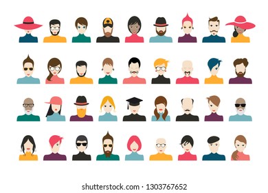 People avatar set. Man, woman collection. Stylized faces in flat cartoon style. Vector.  