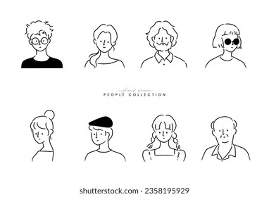 People avatar set. Portrait character collection. Different age, race. Diverse business men, women. Crayon outline drawing style. Flat design Isolated emoticon. Hand drawn trendy Vector illustration.