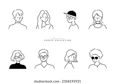 People avatar set. Portrait character collection. Different age, race. Diverse business men, women. Crayon outline drawing style. Flat design Isolated emoticon. Hand drawn trendy Vector illustration.