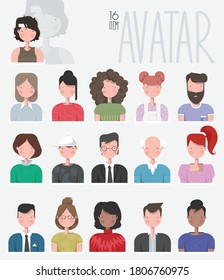 El avatar de la gente se pone. Foto del usuario, diferentes íconos de la cara humana para representar a una persona en un videojuego, foro de Internet, cuenta. Ilustración de dibujos animados de estilo plano vectorial aislados en fondo blanco