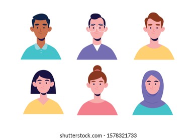 People avatar Set. Young People. People of different races. Flat cartoon colorful vector illustration.