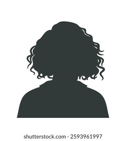 People avatar silhouette. Girl with curly hair. Dark icon with portrait of unknown anonymous person. Black sticker with head of female character. Flat vector illustration isolated on background