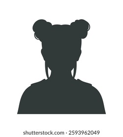 People avatar silhouette. Little girl child with cute hairstyle. Dark icon with portrait of anonymous person. Black and white sticker with female head. Flat vector illustration isolated on background