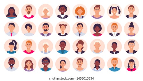 People Avatar. Smiling Human Circle Portrait, Female And Male Person Round Avatars. Teens And Adult Internet User People Character Web Site Portraits. Isolated Flat Icon Vector Illustration Collection