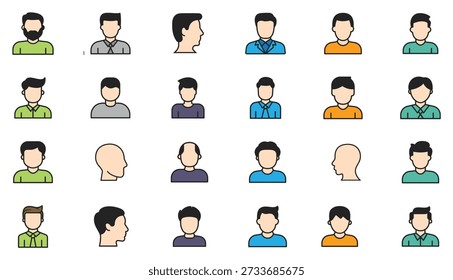 Pessoas avatar sólido trendy ícone conjunto com rostos masculinos e perfil de usuário em estilo de contorno. Esta ilustração vetorial inclui diversos avatares humanos com diferentes penteados e formas de rosto, projetados como ícones de linha limpos e mínimos. Ideal para perfil de usuário, conta, login, contato, mídia social, interface da web, interface do usuário do aplicativo móvel, painel e projetos relacionados à identidade. 