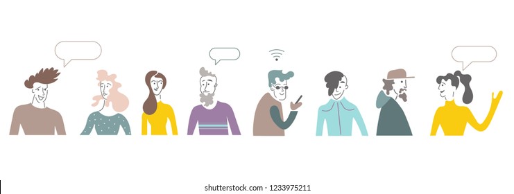 People avatar vector icon set.Bright people portraits - young men and women.Talking people with speech bubbles above,chat,supervising concept.face.character people.social network,dialogue 