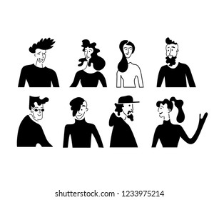People avatar vector icon.Bright people portrait.Young men and women.Talking people with supervising concept.face character.hand drawn flat style vector design concept illustration. Black silhouette.