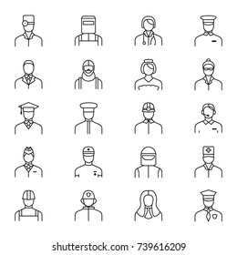 People Avatars Characters Staff Black Thin Line Icon Set for Web and App Include of Chef, Scientist, Detective and Medic . Vector illustration of Avatar