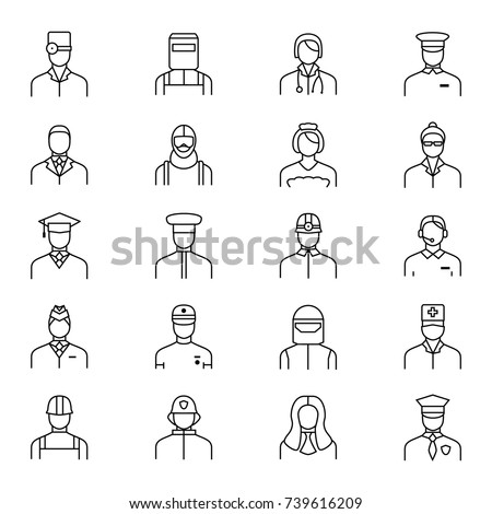 People Avatars Characters Staff Black Thin Line Icon Set for Web and App Include of Chef, Scientist, Detective and Medic . Vector illustration of Avatar