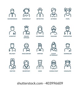 People avatars, characters staff, professions. Career people, manager profession, people profession, icon character professions. Vector illustration linear icons