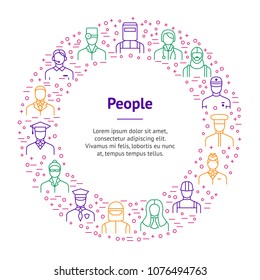 People Avatars Characters Staff Thin Line Banner Card Circle for Web and App Include of Chef, Scientist, Detective and Medic. Vector illustration of Avatar