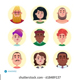 People avatars collection.Set of avatar icons.Different skin tones, clothes and hair styles. Modern and simple flat cartoon style. Man and woman.