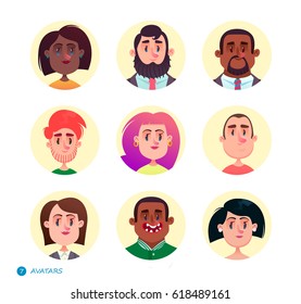 People avatars collection.Set of avatar icons.Different skin tones, clothes and hair styles. Modern and simple flat cartoon style. Man and woman.