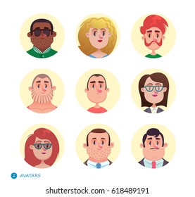 People avatars collection.Set of avatar icons.Different skin tones, clothes and hair styles. Modern and simple flat cartoon style. Man and woman.
