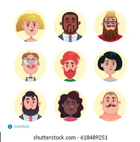 People avatars collection.Set of avatar icons.Different skin tones, clothes and hair styles. Modern and simple flat cartoon style. Man and woman.