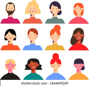 People avatars collection in cartoon style. Set of male and female flat portraits of different nationalities and characters. 