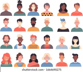 People avatars collection in cartoon style. Set of male and female flat portraits of different nationalities and characters. 