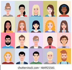 People avatars collection in cartoon style. Set of male and female flat portraits of different nationalities and characters.