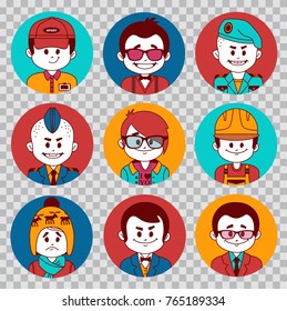 People avatars collection. Professions vector flat icons on transparent background. Soldier, businessman, accountant, manager, showman, financier, sportsman, coach teacher and banker
