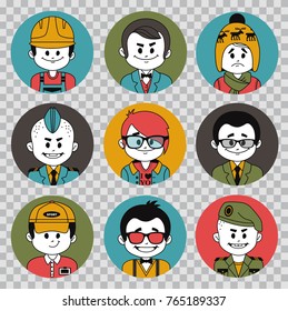 People avatars collection. Professions vector flat icons on transparent background. Soldier, businessman, manager, teacher, banker, showman, tennis player, accountant and coach