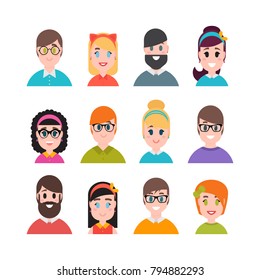 People avatars collection. Simple flat cartoon style. Men, boys, girls and women characters. Male and female portraits. Vector illustration