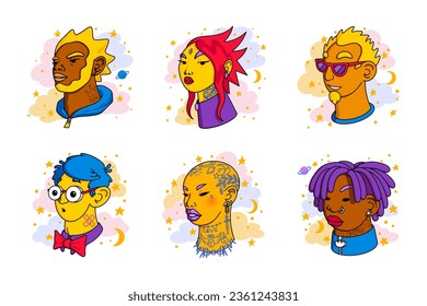 People avatars. Employee person face, business team diverse portrait, head, user characters, man, woman. Bright hair, tattoo, piercings, glasses, plaster, dreadlocks, bald head, beard. Vector flat set