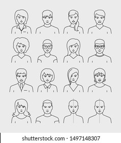 People avatars face vector icons set in thin line style