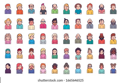 People avatars fill style icon set design of Person social communication human user partnership member and figure theme Vector illustration