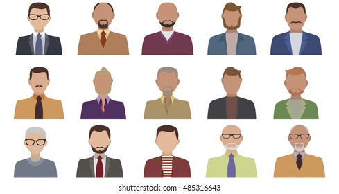 People avatars in flat style. Man in business and casual clothes icons. Flat vector characters.