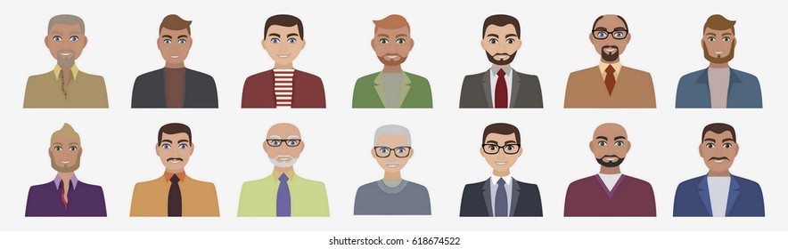 People avatars in flat style. Men in business and casual clothes icons. Flat vector characters.