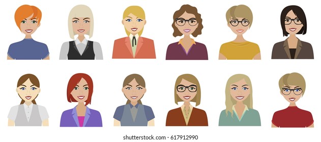 People avatars in flat style. Women in business and casual clothes icons. Flat vector characters.