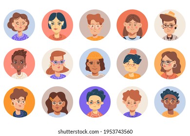 People avatars. Funny color human faces, different characters portraits, men and women head icons, naive hand drawn style. Vector set