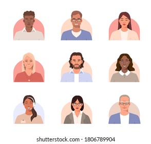 People Avatars Icons Set. Different Ages Business and Casual Male and Female Faces. Man and Woman Characters Portraits. User Account Profile Pictures. Flat Cartoon Vector Illustration.