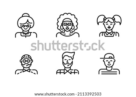 People avatars icons set. Elderly woman and man, boy and girl, young hipster man and a girl with curly hair. Pixel perfect, editable stroke icons 
