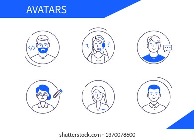 People avatars icons set. Flat line  vector illustration isolated on white background.