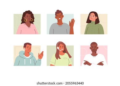 People avatars illustration set. Different business and casual male and female faces. Man and woman characters portraits. User account profile pictures. Vector illustration.