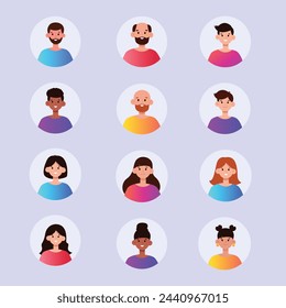 Avatares de personas, caras de personajes masculinos y femeninos para perfil de redes sociales, avatar de usuario en diseño plano