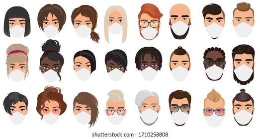 People avatars in masks cartoon flat vector illustration set isolated. Multi nationalities group men, women wearing medical masks to prevent disease, flu, coronavirus covid-19, air pollution, virus