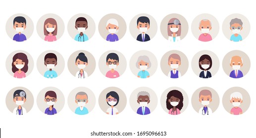 People avatars in medical masks. Vector. Doctors, nurses, seniors and businessmen in protective surgical masks. Set of person of faces different ages. Flat illustration. Cartoon characters isolated.