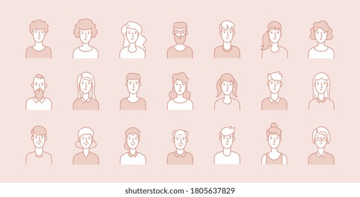 People avatars. Modern business corporate faces, line male female portraits. Young, adult and elderly ages users, modern outline character vector set