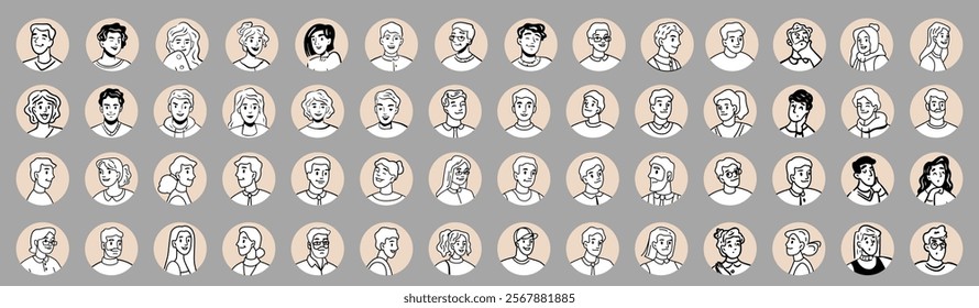 People avatars in monochrome style. Vector portraits of cartoon characters for social media and networking, user profile icons, website and app design. Pictures of men and women in different angles